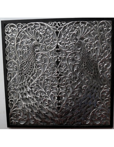 Pannello floreale con pavoni fenice in legno mdf traforato a mano cm 100x100 argento anticato quadro dipinto silver