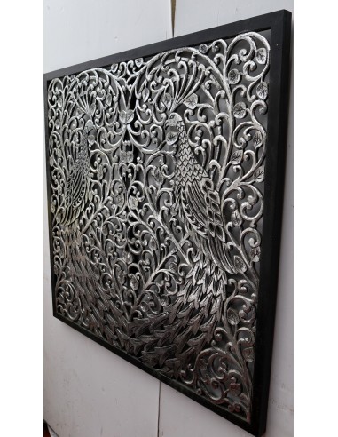 Pannello floreale con pavoni fenice in legno...