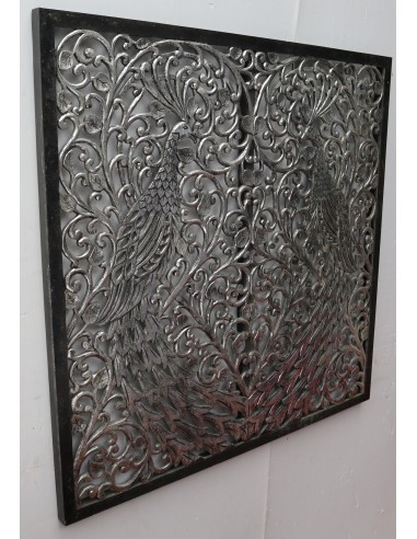 Pannello floreale con pavoni fenice in legno...