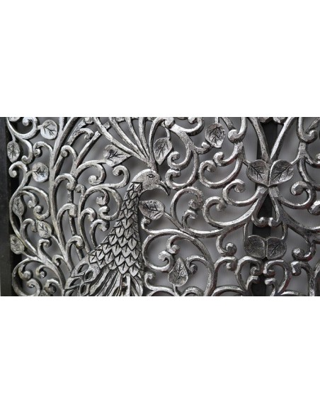 Pannello floreale con pavoni fenice in legno mdf traforato a mano cm 100x100 argento anticato quadro dipinto silver