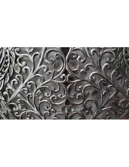 Pannello floreale con pavoni fenice in legno mdf traforato a mano cm 100x100 argento anticato quadro dipinto silver