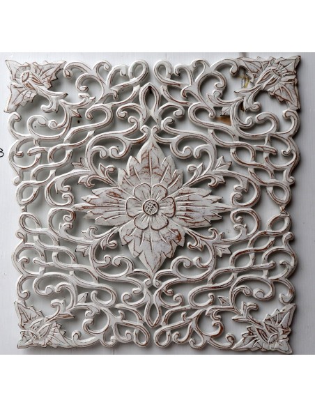 Pannello floreale in legno mdf traforato a mano cm 60x60 bianco decapato quadro dipinto 2
