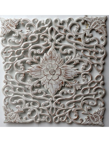 Pannello floreale in legno mdf traforato a mano cm 60x60 bianco decapato quadro dipinto 2