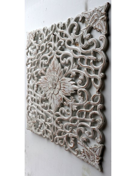 Pannello floreale in legno mdf traforato a mano cm 60x60 bianco decapato quadro dipinto 2