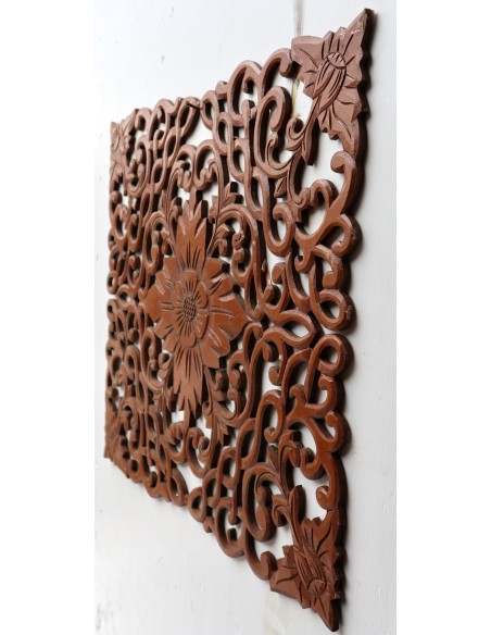 Pannello floreale in legno mdf traforato a mano cm 60x60 marrone naturale quadro dipinto 2