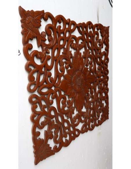 Pannello floreale in legno mdf traforato a mano cm 60x60 marrone naturale quadro dipinto 2