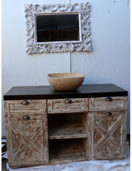 Mobile bagno o porta TV in Teak massello cm 120x45x75h decapato con ante e cassetti o porta Tv country