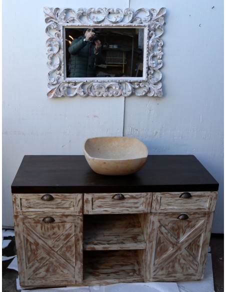 Mobile bagno o porta TV in Teak massello cm 120x45x75h decapato con ante e cassetti o porta Tv country