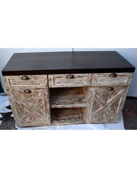 Mobile bagno o porta TV in Teak massello cm 120x45x75h decapato con ante e cassetti o porta Tv country