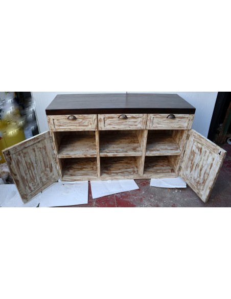 Mobile bagno o porta TV in Teak massello cm 120x45x75h decapato con ante e cassetti o porta Tv country