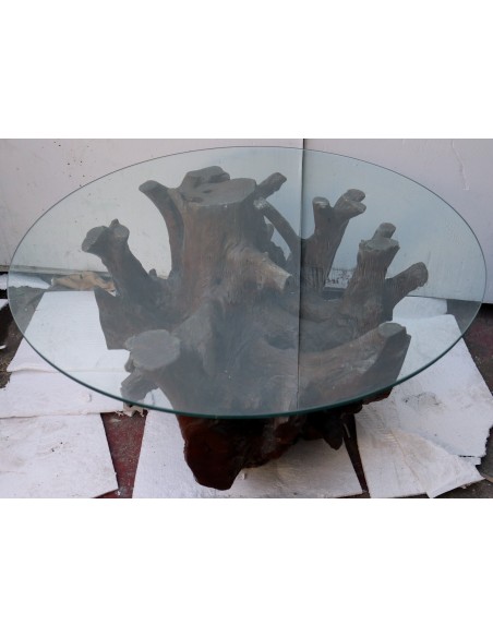 Tavolino da caffè in radice di teak con vetro cm 80x47h fumo tavolo