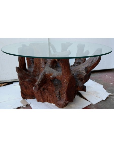 Tavolino da caffè in radice di teak con vetro cm 80x47h fumo tavolo