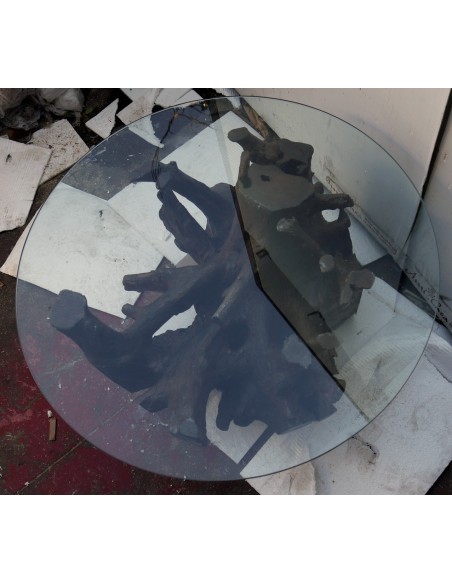 Tavolino da caffè in radice di teak con vetro cm 80x47h fumo tavolo