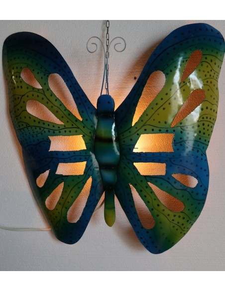 Farfalla decorativa in metallo dipinto sfruttabile come applique blu gialla cm 50
