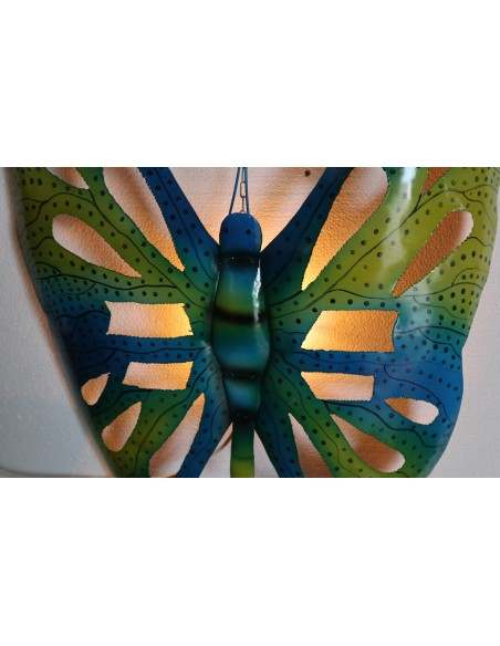 Farfalla decorativa in metallo dipinto sfruttabile come applique blu gialla cm 50