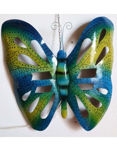 Farfalla decorativa in metallo dipinto sfruttabile come applique blu gialla cm 50