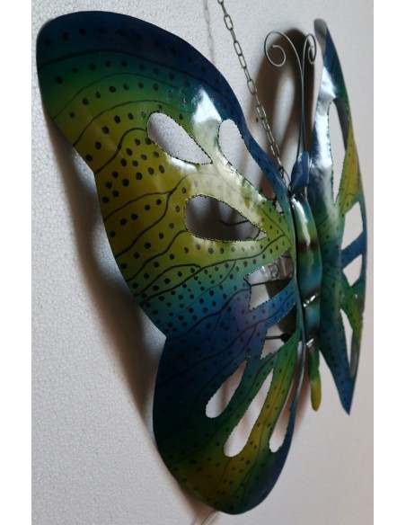 Farfalla decorativa in metallo dipinto sfruttabile come applique blu gialla cm 50
