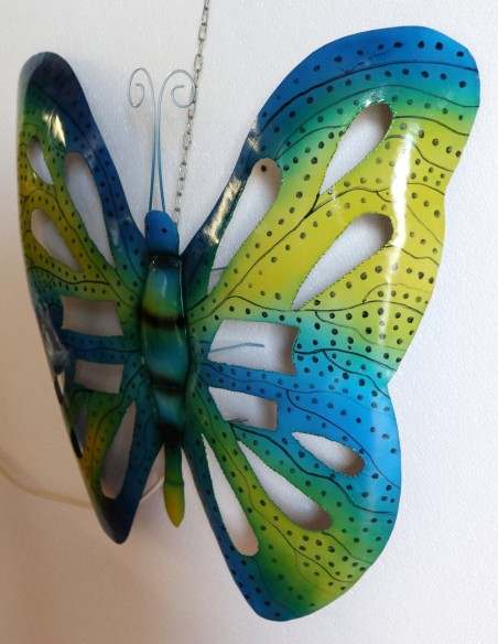 Farfalla decorativa in metallo dipinto sfruttabile come applique blu gialla cm 50