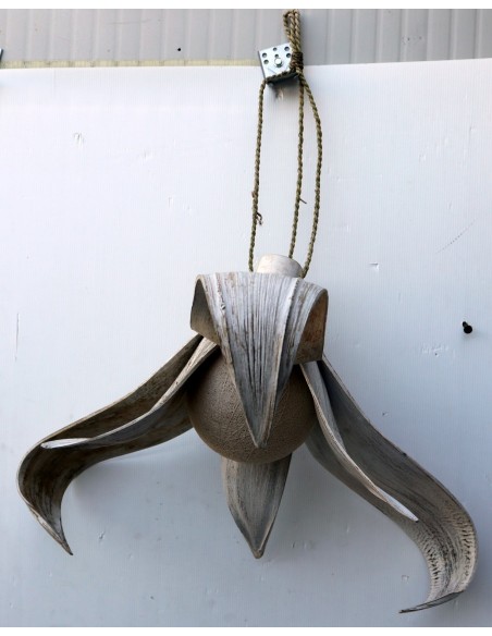 Lampadario in Cocco bianco decapato con palla di cotone bianca cm 60 etnico banano