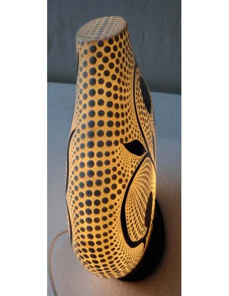 Lampada da tavolo abatjour in resina a bottiglia dipinta tecnica maori fiori foglia cm 24x6x26h