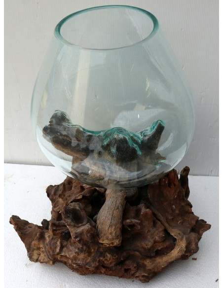 Vaso Indonesiano radice di legno e vetro soffiato 37x28x45h porta fiori acquario AQ
