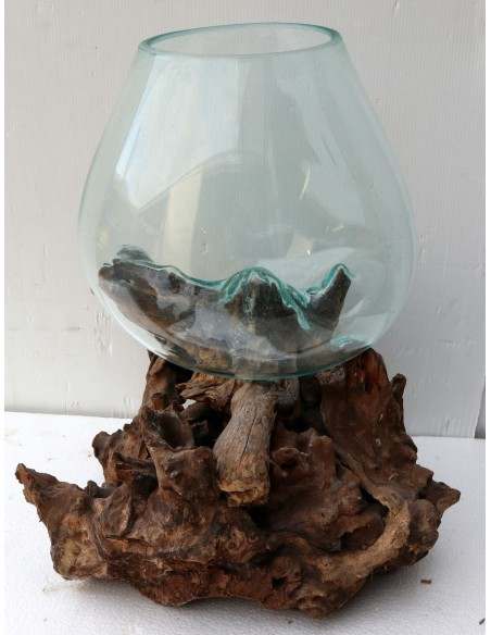 Vaso Indonesiano radice di legno e vetro soffiato 37x28x45h porta fiori acquario AQ