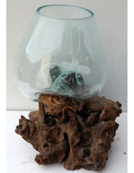 Vaso Indonesiano radice di legno e vetro soffiato 37x28x45h porta fiori acquario AQ