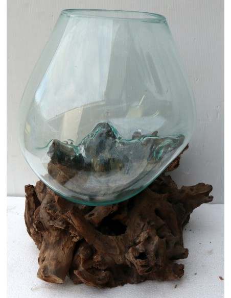 Vaso Indonesiano radice di legno e vetro soffiato 37x28x45h porta fiori acquario AQ