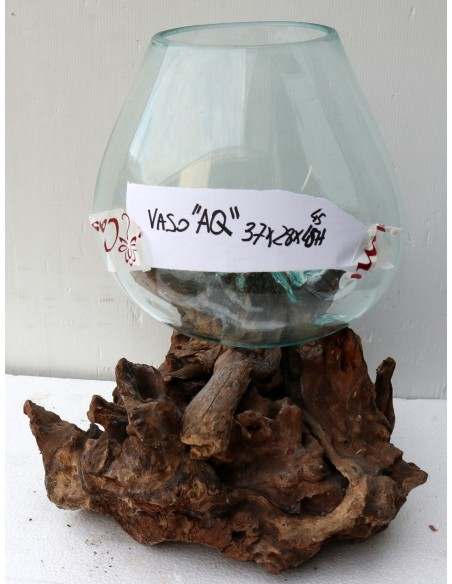 Vaso Indonesiano radice di legno e vetro soffiato 37x28x45h porta fiori acquario AQ