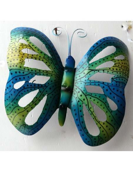 Farfalla decorativa in metallo dipinto sfruttabile come applique blu verde cm 30