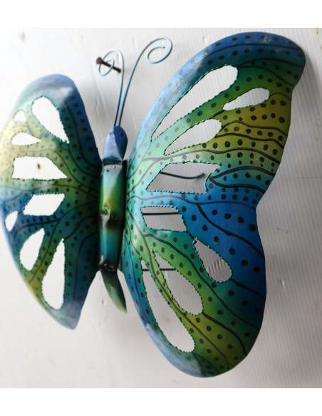 Farfalla decorativa in metallo dipinto sfruttabile come applique blu verde cm 30