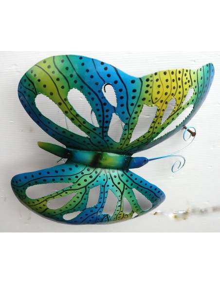 Farfalla decorativa in metallo dipinto sfruttabile come applique blu verde cm 30