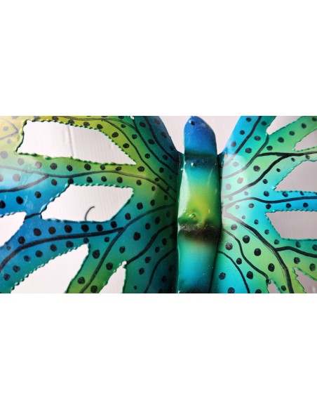 Farfalla decorativa in metallo dipinto sfruttabile come applique blu verde cm 30