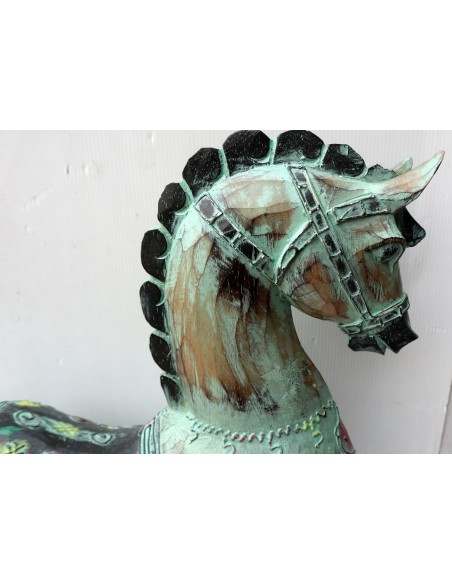 Cavallo imperiale in legno creato a mano cm 40x14x53h verde acqua decapato unicorno