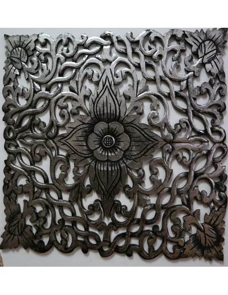 Pannello floreale in legno mdf traforato a mano cm 60x60 argento anticato quadro dipinto 2