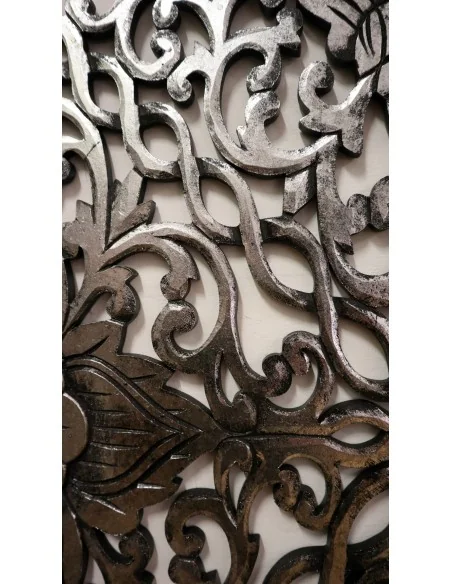 Pannello floreale in legno mdf traforato a mano cm 60x60 argento anticato quadro dipinto 2