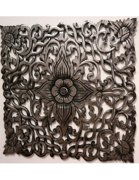 Pannello floreale in legno mdf traforato a mano cm 60x60 argento anticato quadro dipinto 2