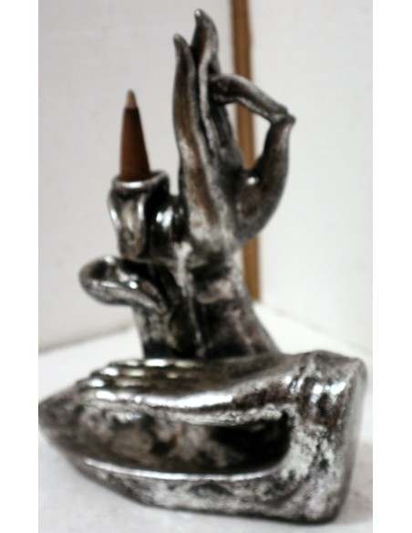 Fontana di fumo in resina mani di Buddha cm 17x7x20h argento Ayurvedic