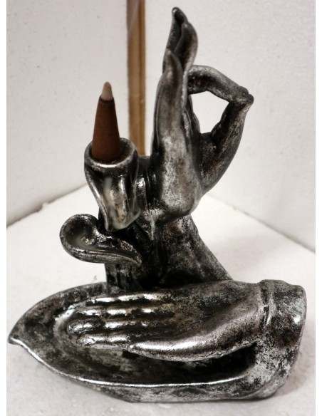 Fontana di fumo in resina mani di Buddha cm 17x7x20h argento Ayurvedic