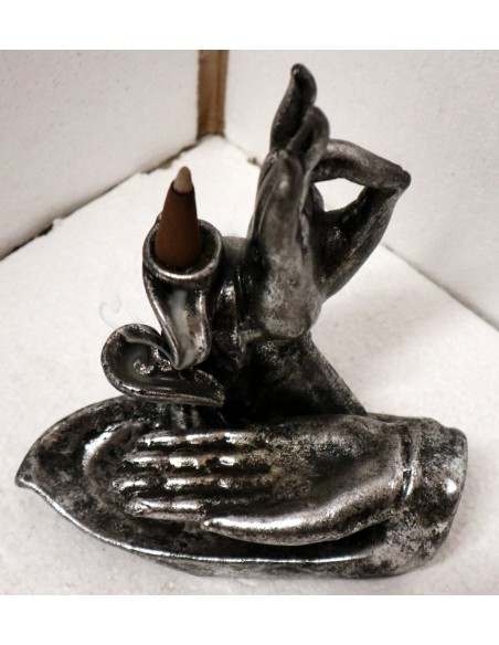 Fontana di fumo in resina mani di Buddha cm 17x7x20h argento Ayurvedic