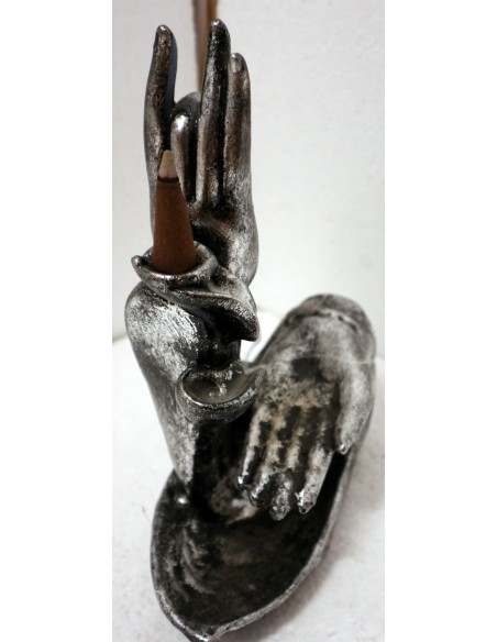 Fontana di fumo in resina mani di Buddha cm 17x7x20h argento Ayurvedic