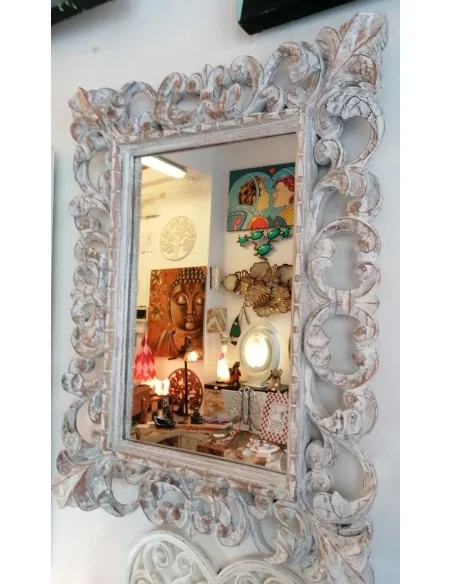 Specchio barocco in legno intarsiato cm 80x60 bianco decapato mod. tommy