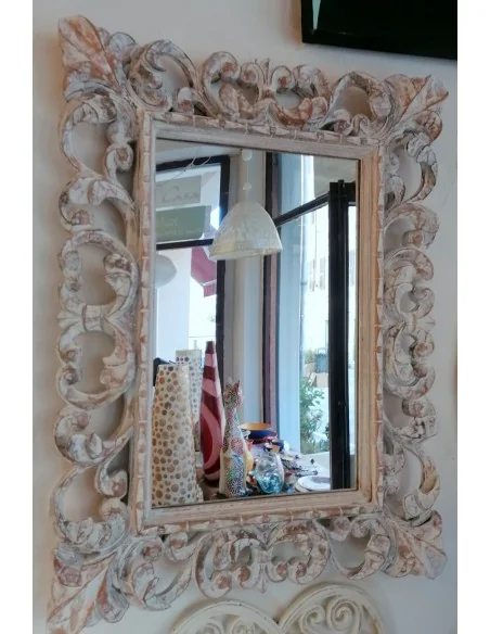 Specchio barocco in legno intarsiato cm 80x60 bianco decapato mod. tommy