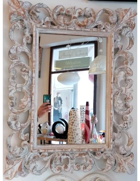 Specchio barocco in legno intarsiato cm 80x60 bianco decapato mod. tommy