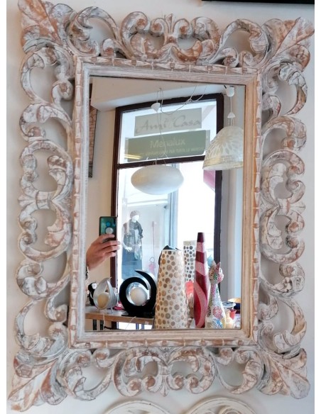 Specchio barocco in legno intarsiato cm 80x60 bianco decapato mod. tommy