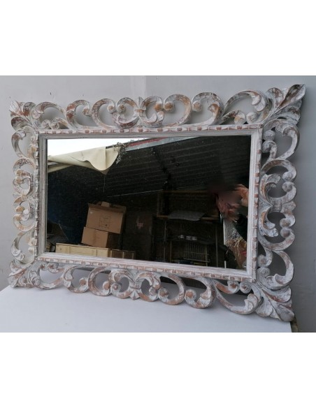 Specchio barocco in legno intarsiato cm 100x70 bianco anticato mod. tommy