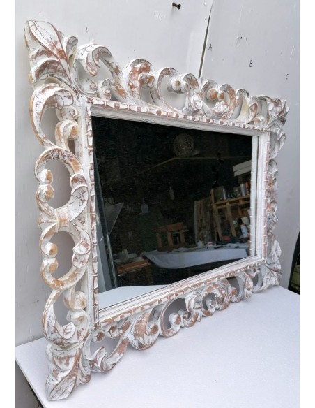 Specchio barocco in legno intarsiato cm 100x70 bianco anticato mod. tommy