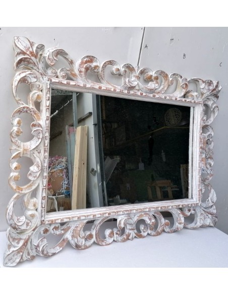 Specchio barocco in legno intarsiato cm 100x70 bianco anticato mod. tommy