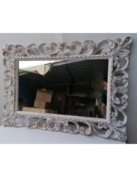 Specchio barocco in legno intarsiato cm 100x70 bianco anticato mod. tommy