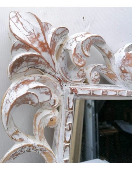 Specchio barocco in legno intarsiato cm 100x70 bianco anticato mod. tommy